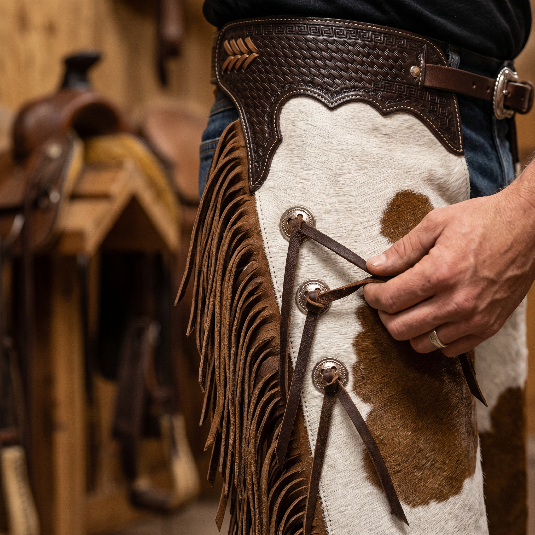 Showman Ranch Hand Chinks close-up detail photo for western leather chinks product page