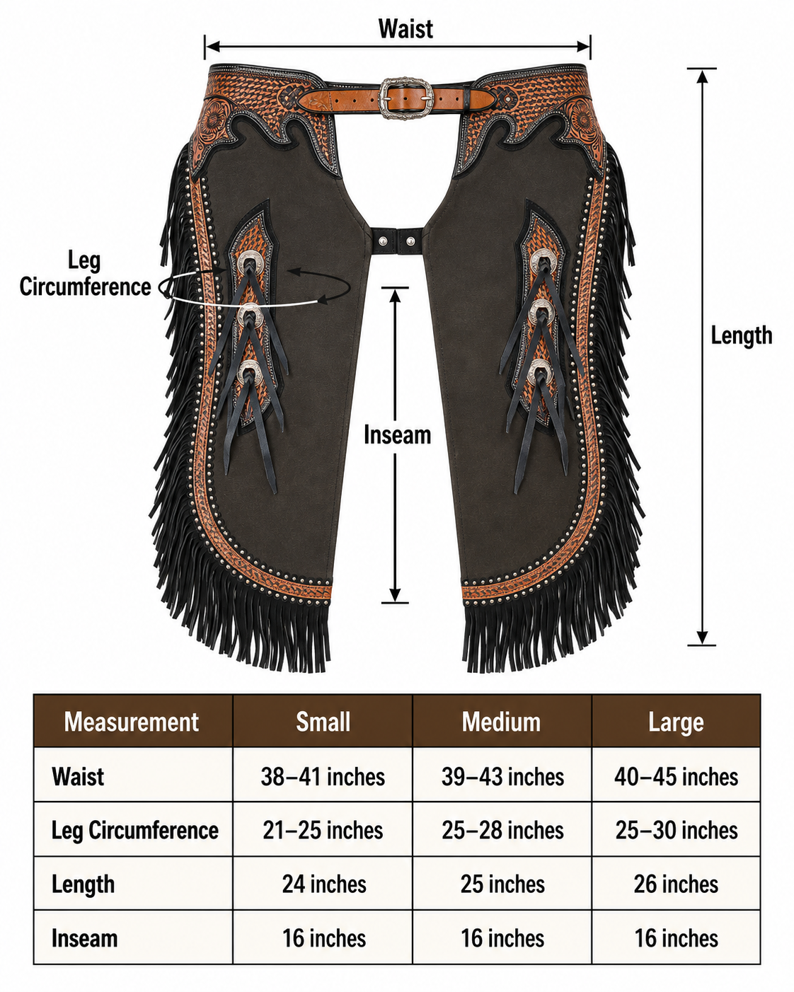 Showman Renegade Chinks size guide with waist inseam length and leg circumference