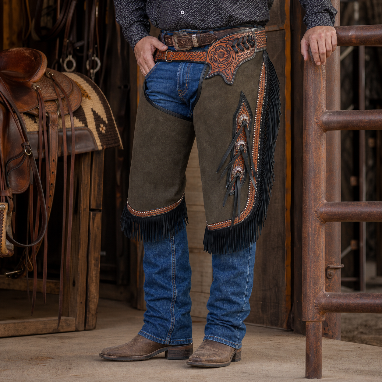 Showman Renegade western leather chinks worn by rider over jeans