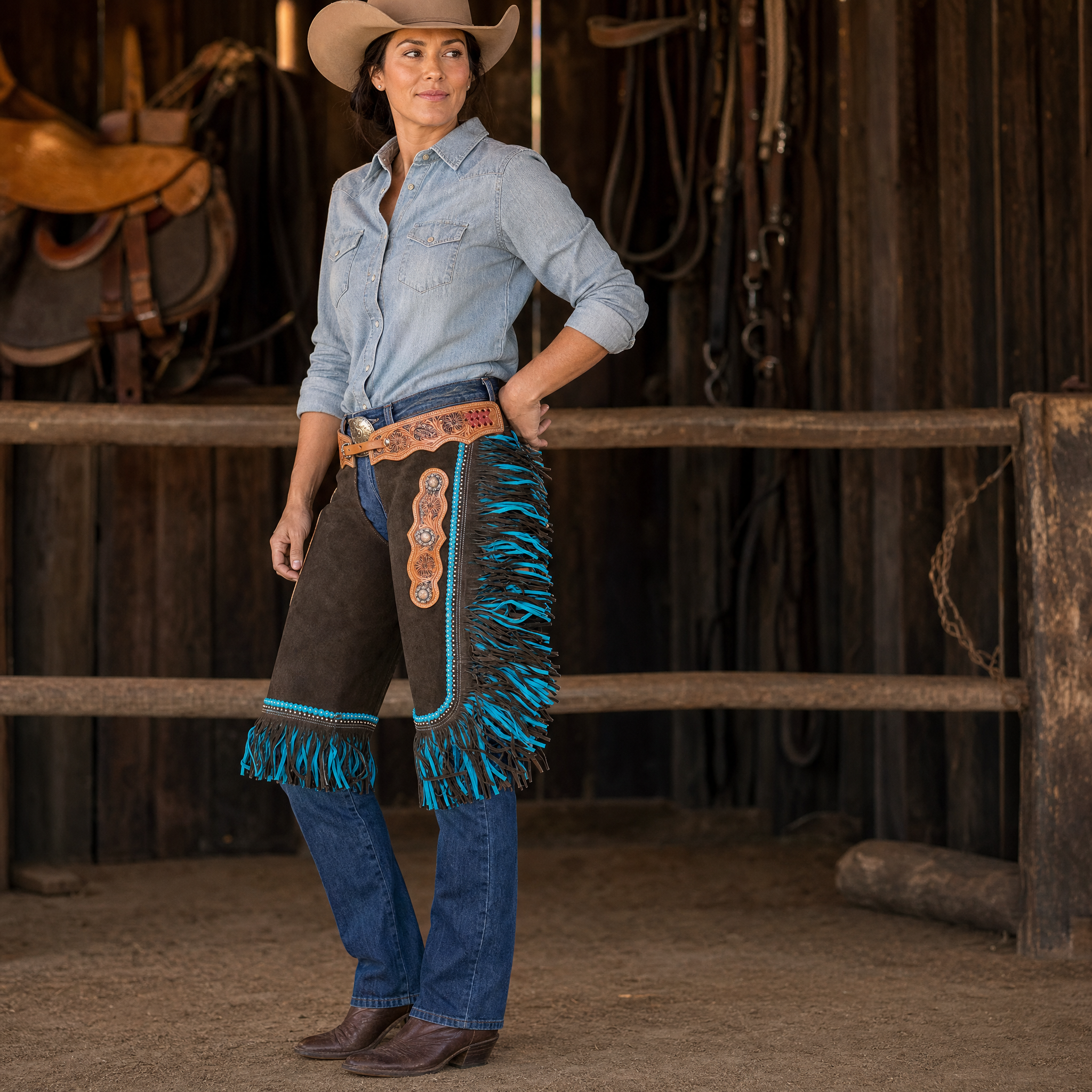 Showman Rodeo Blues Chinks with Mixed Blue Fringe lifestyle image showing western rider wearing leather chinks