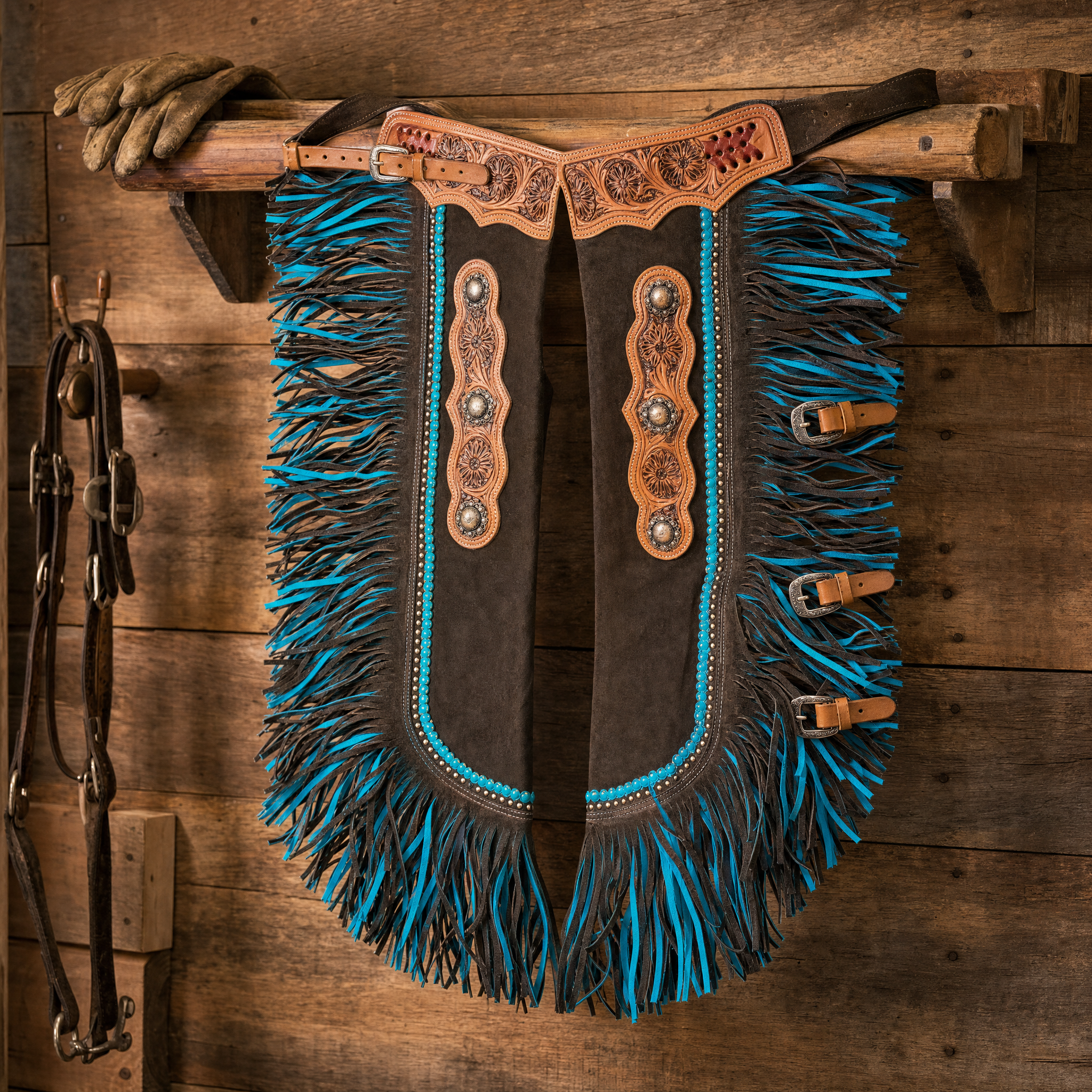 Showman Rodeo Blues Chinks with Mixed Blue Fringe shown hanging on a western tack room rack