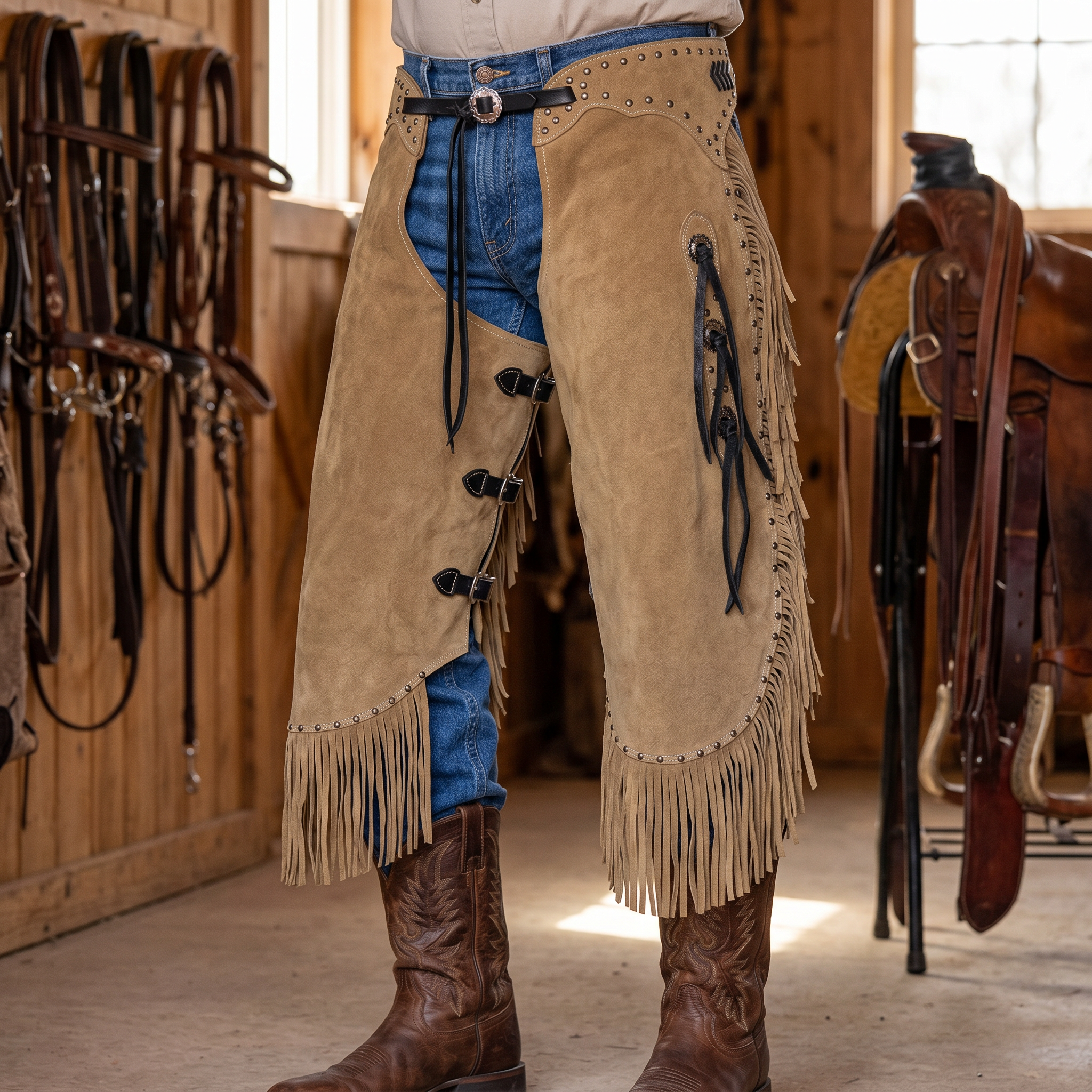 Showman Rustler's Ride Chinks lifestyle worn photo for western leather chinks product page