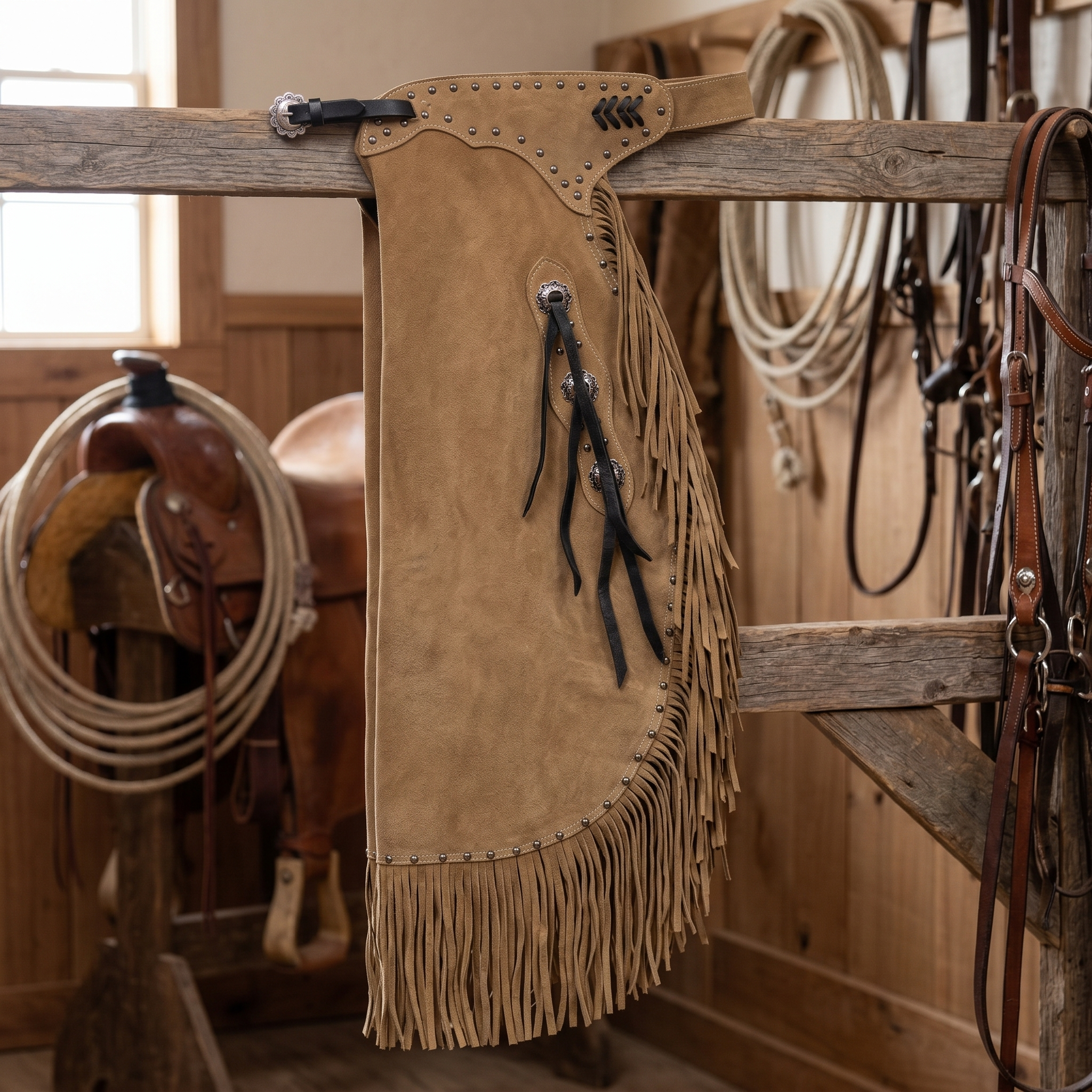 Showman Rustler's Ride Chinks tack-room product photo for western leather chinks product page