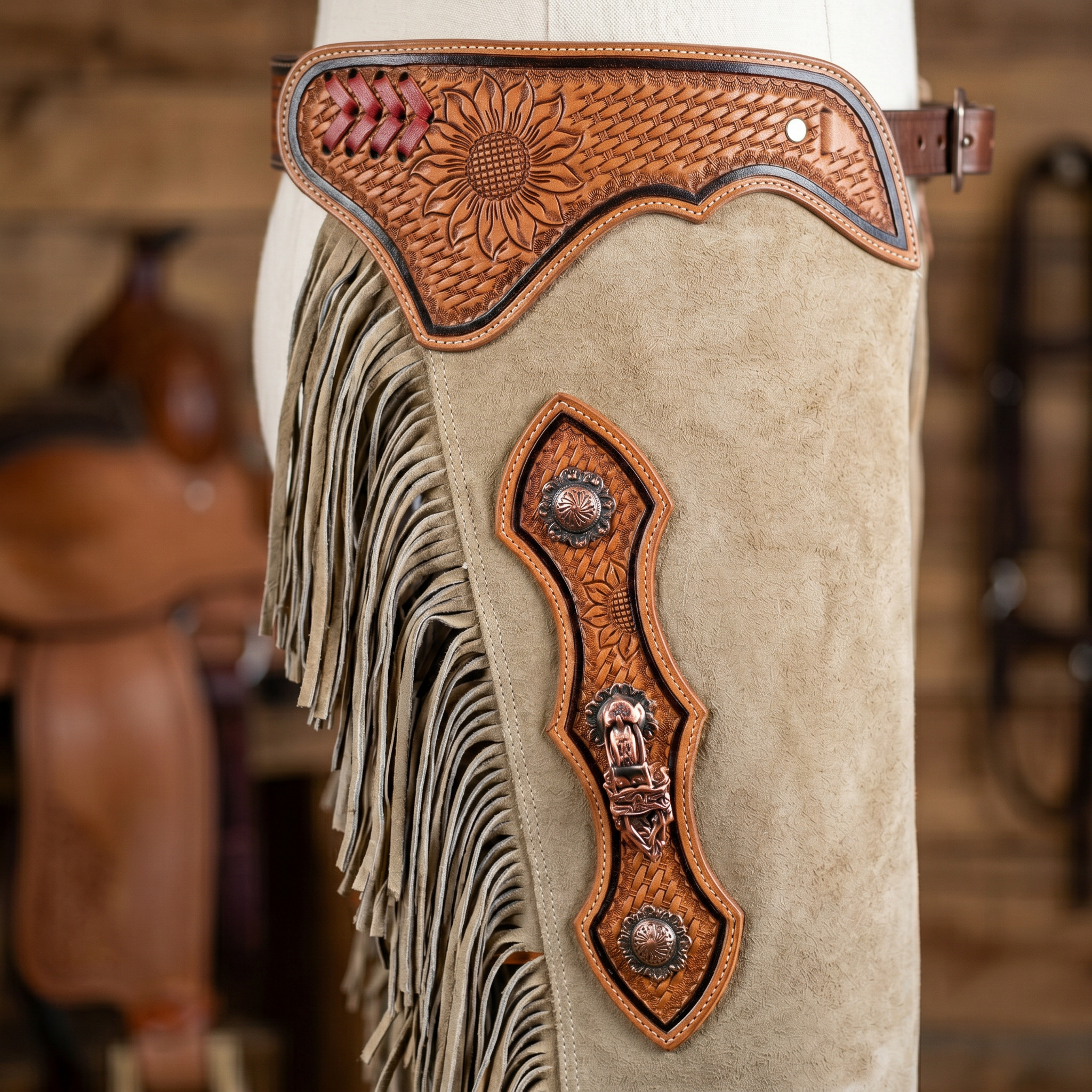 Showman Sand Color Sunflower Tooled Suede Chinks close-up detail showing tooling fringe and hardware