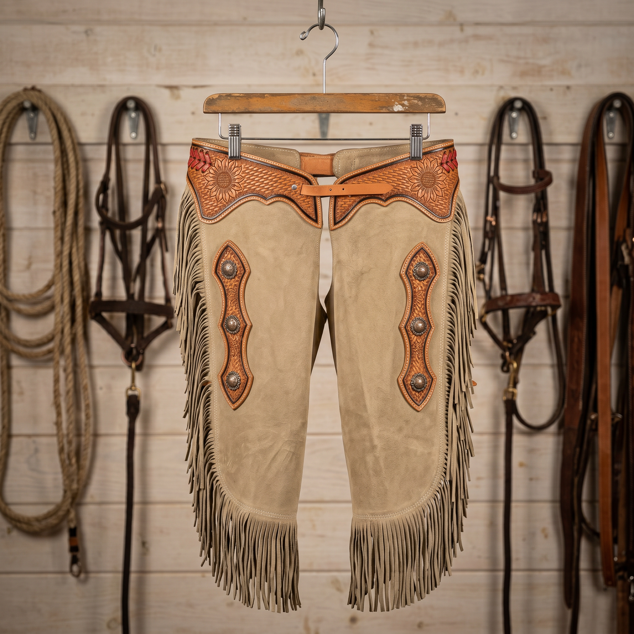 Showman Sand Color Sunflower Tooled Suede Chinks shown hanging on a western tack room rack
