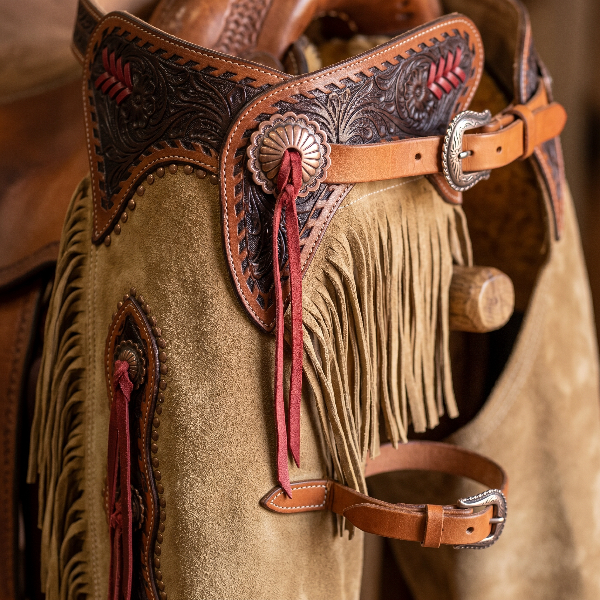 Showman Sandstone Chinks close-up detail photo for western leather chinks product page