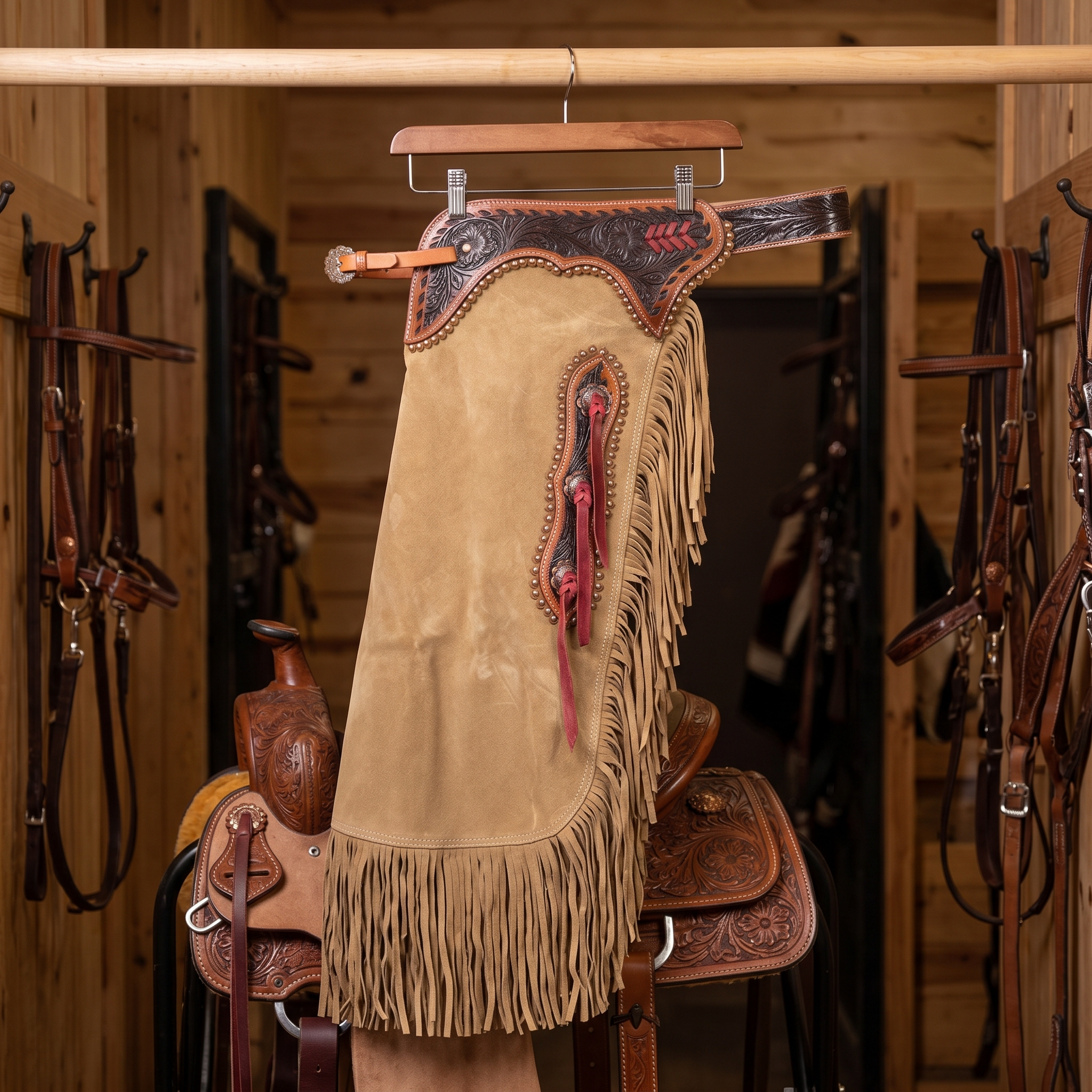 Showman Sandstone Chinks tack-room product photo for western leather chinks product page