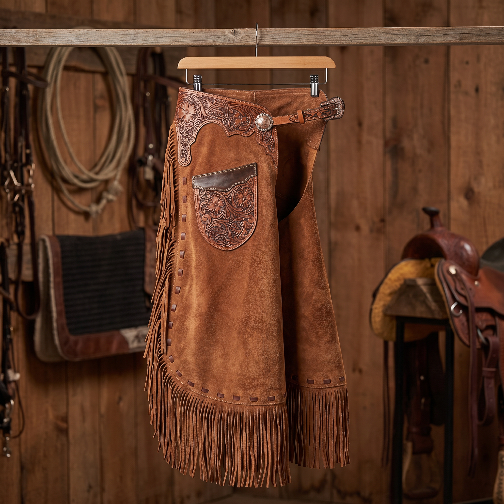Showman Sorrel Daisy Chinks tack-room product photo for western leather chinks product page