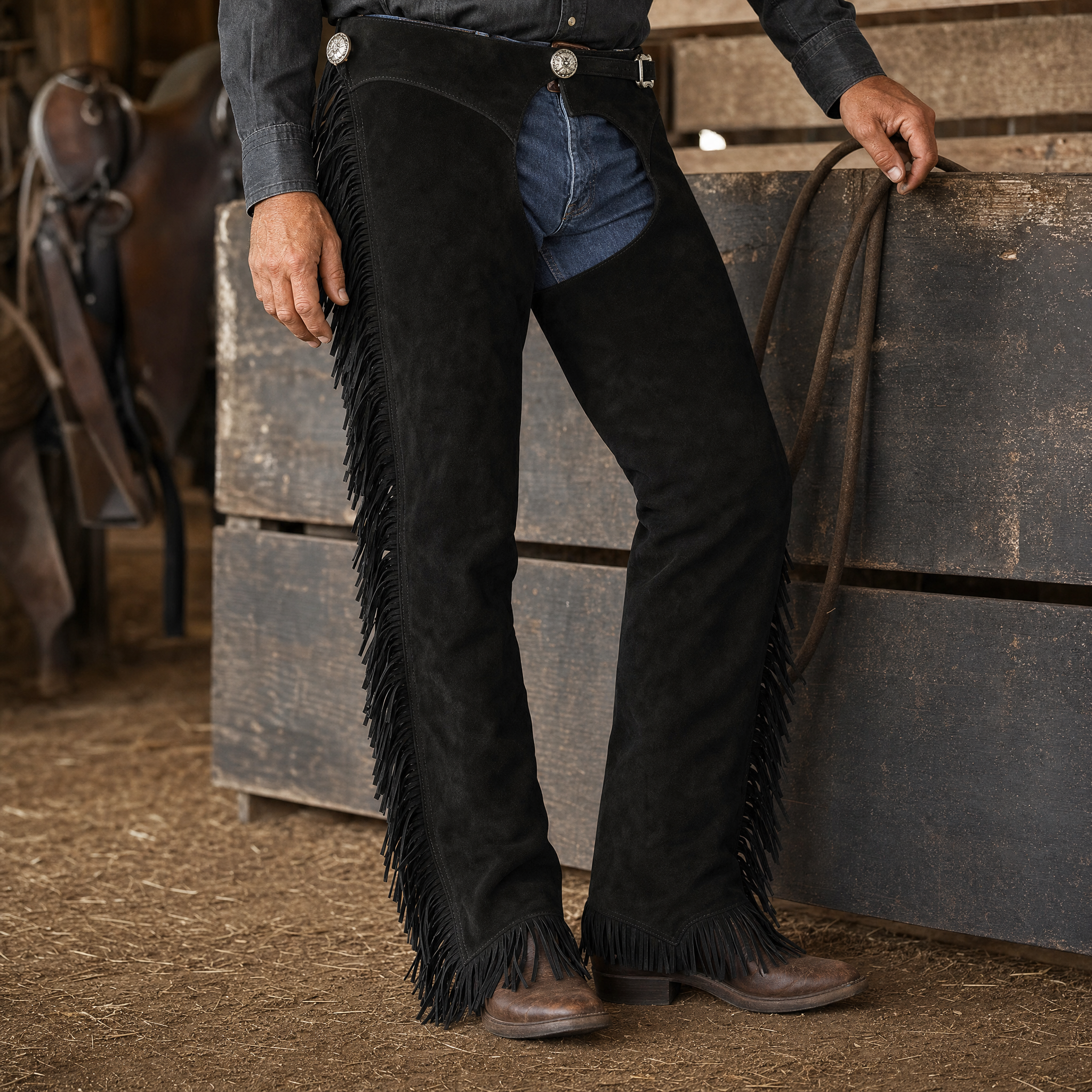 Showman Suede Leather Chaps with Fringe and Engraved Buckle lifestyle image showing western rider wearing full leather chaps