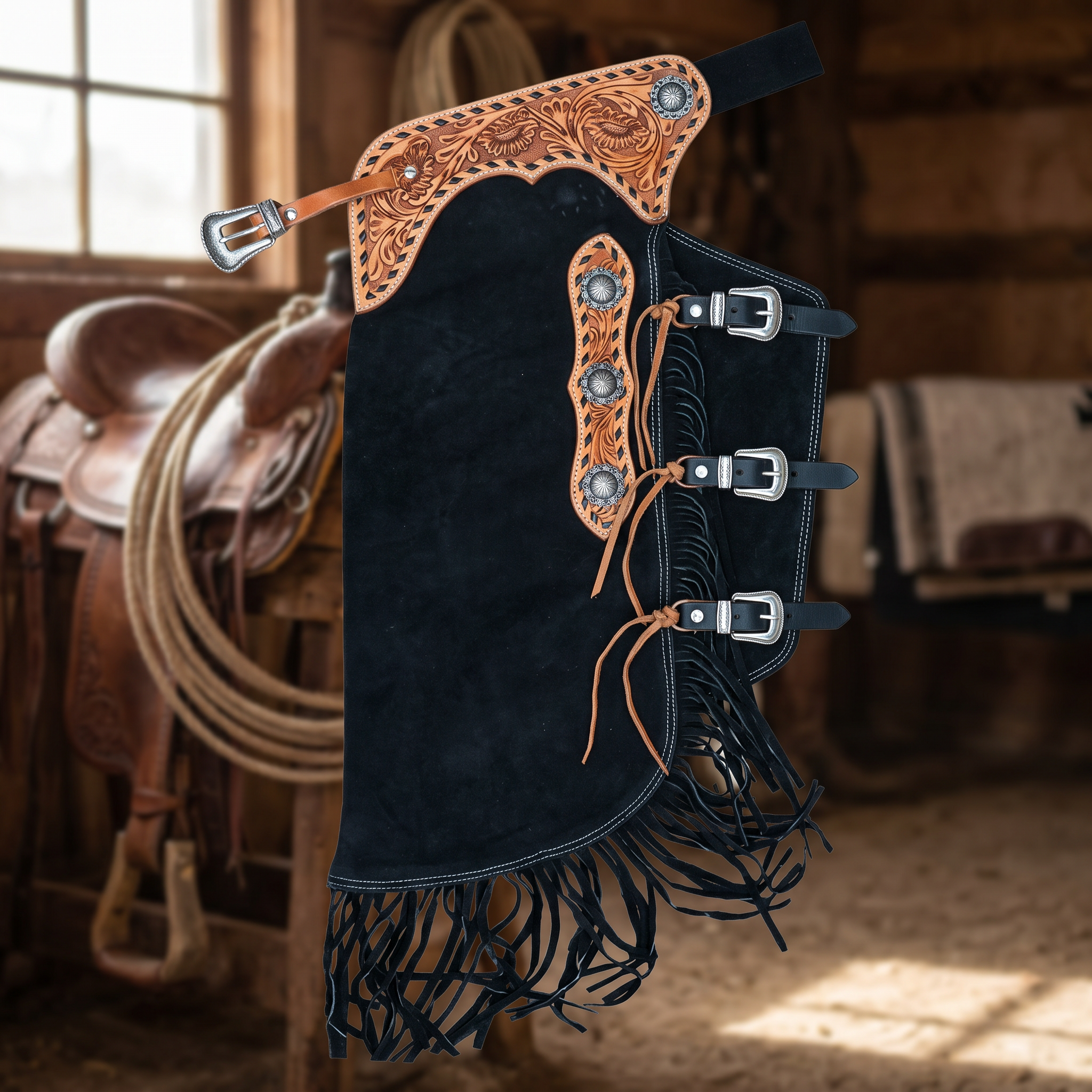 Showman Suede Leather Chinks with Floral Tooling close-up detail showing tooling fringe and hardware