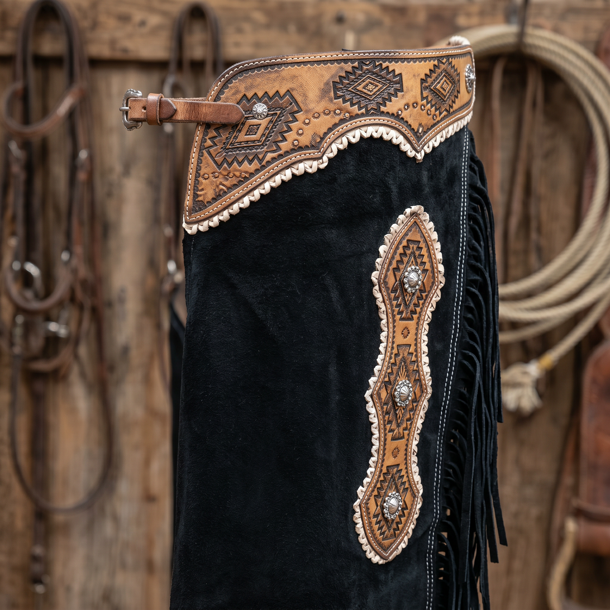 Showman Suede Leather Chinks with Navajo Tooling close-up detail showing tooling fringe and hardware