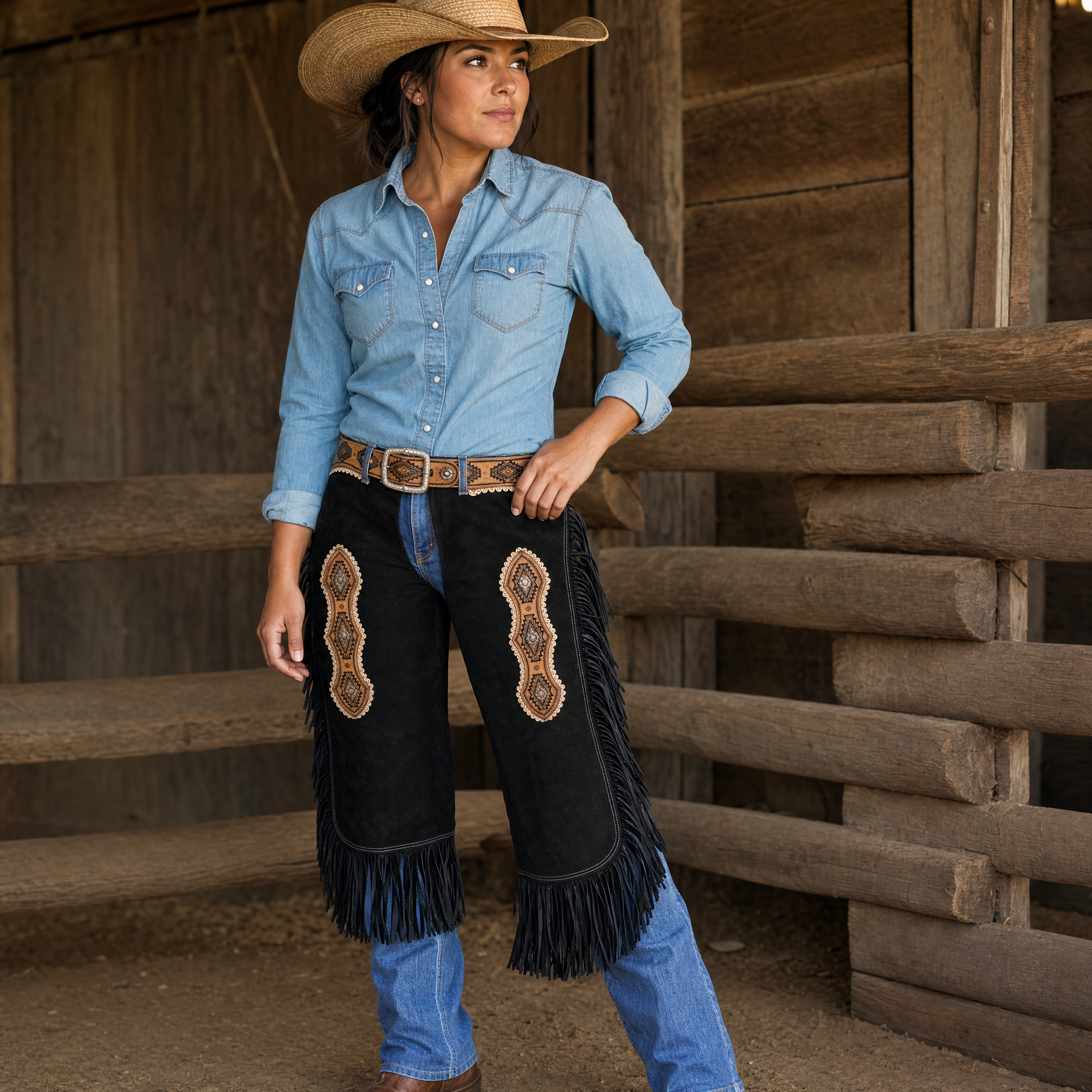 Showman Suede Leather Chinks with Navajo Tooling lifestyle image showing western rider wearing leather chinks