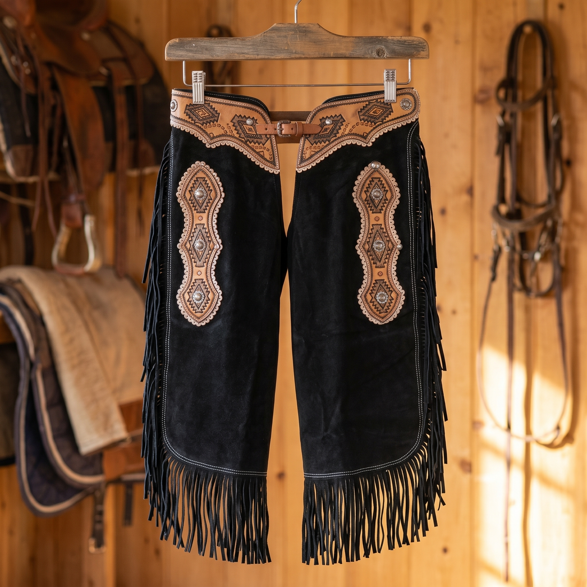 Showman Suede Leather Chinks with Navajo Tooling shown hanging on a western tack room rack