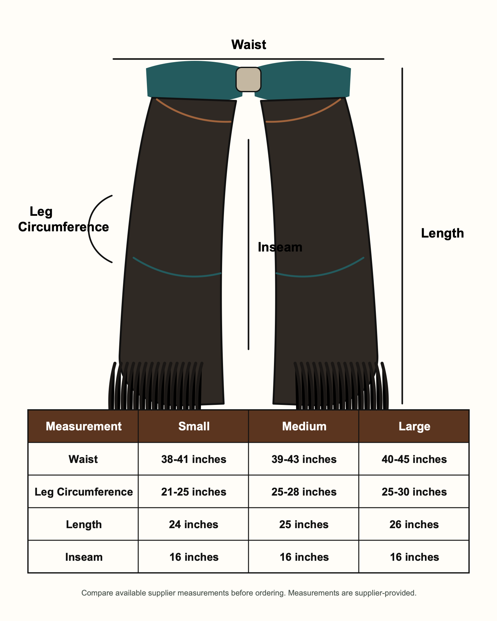 Showman Teal Rose Leather Chinks size guide with waist leg circumference length and inseam measurements