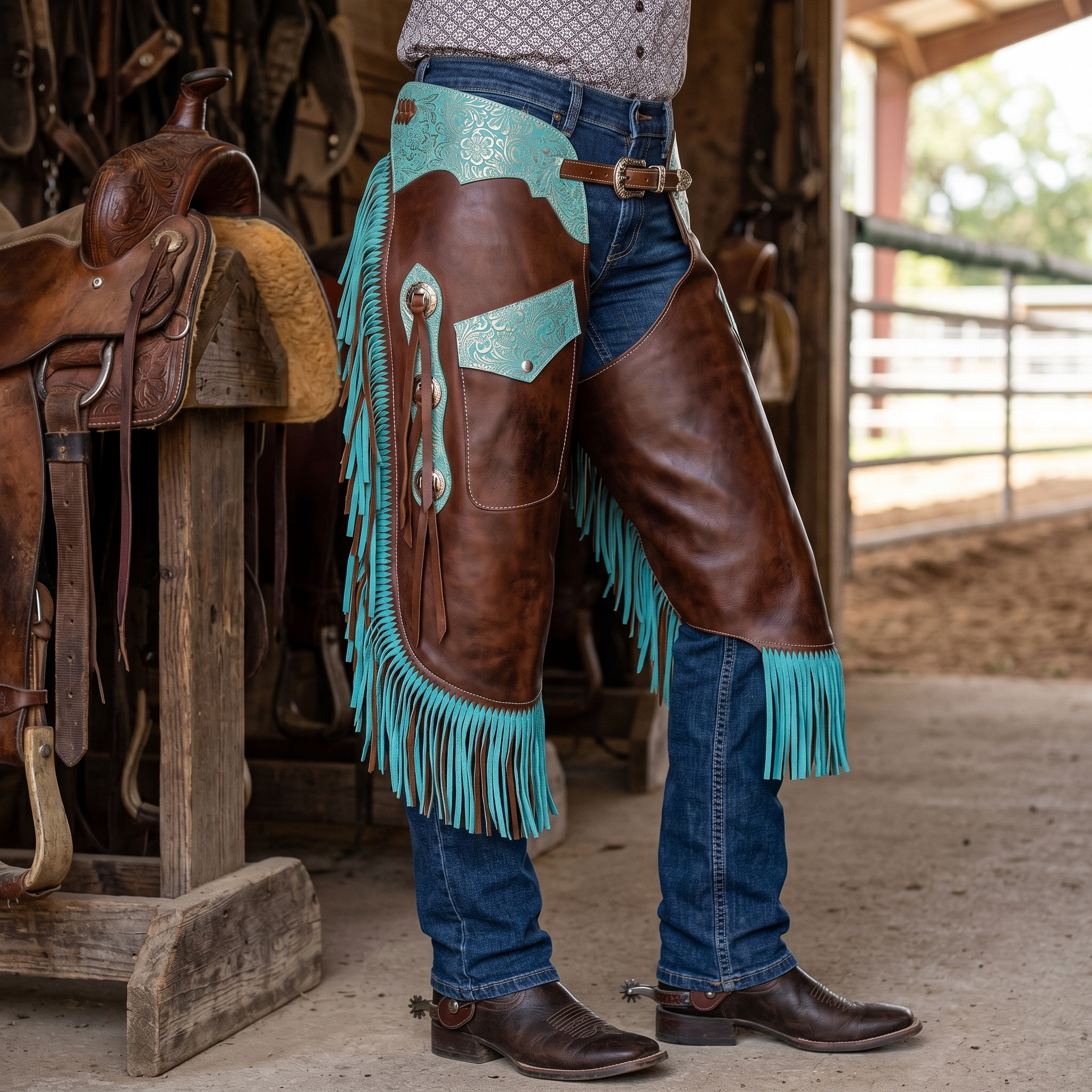 Showman Teal Rose Leather Chinks lifestyle worn photo for western leather chinks product page