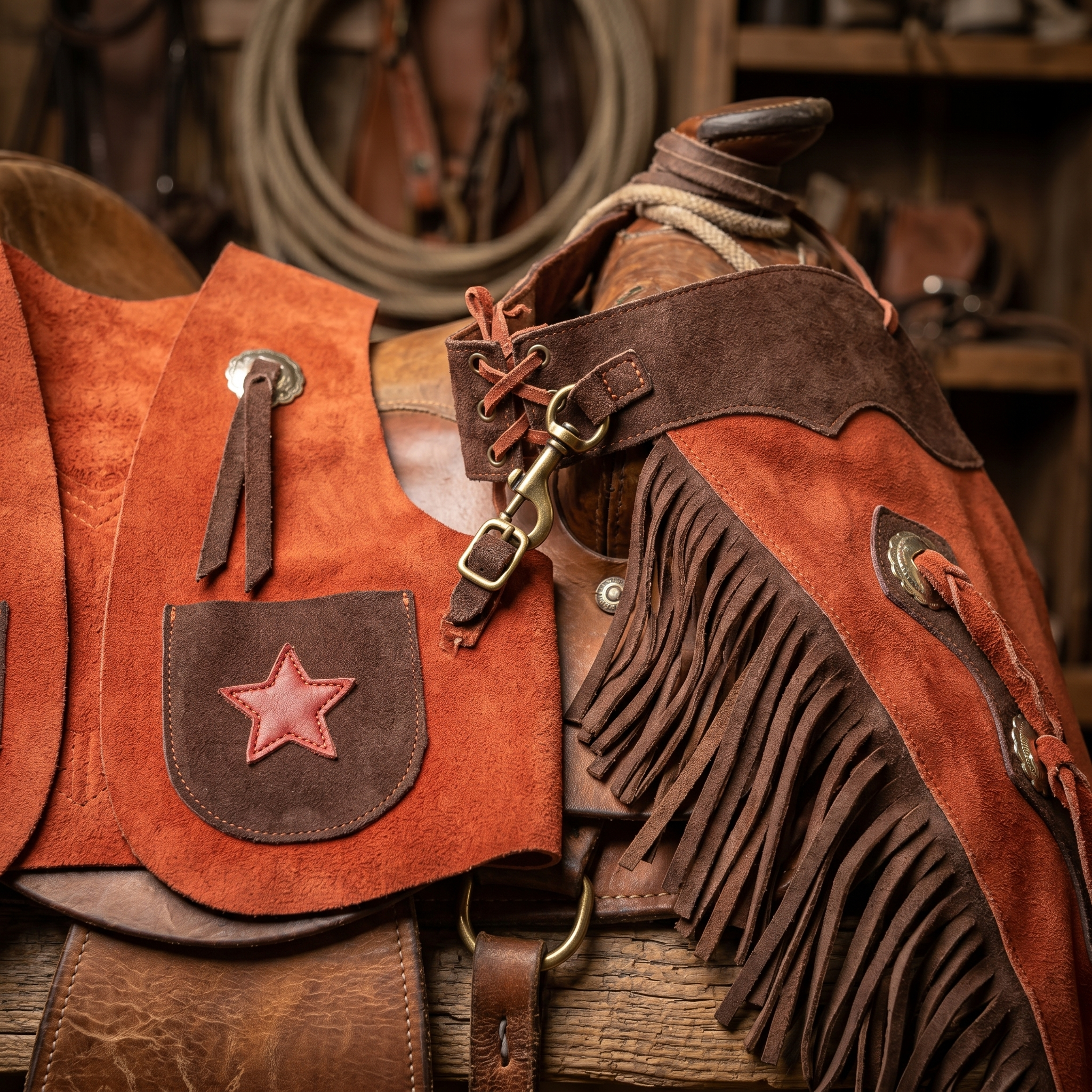 Showman Two-Tone Brown Kids Chap and Vest Set close-up detail showing tooling fringe and hardware