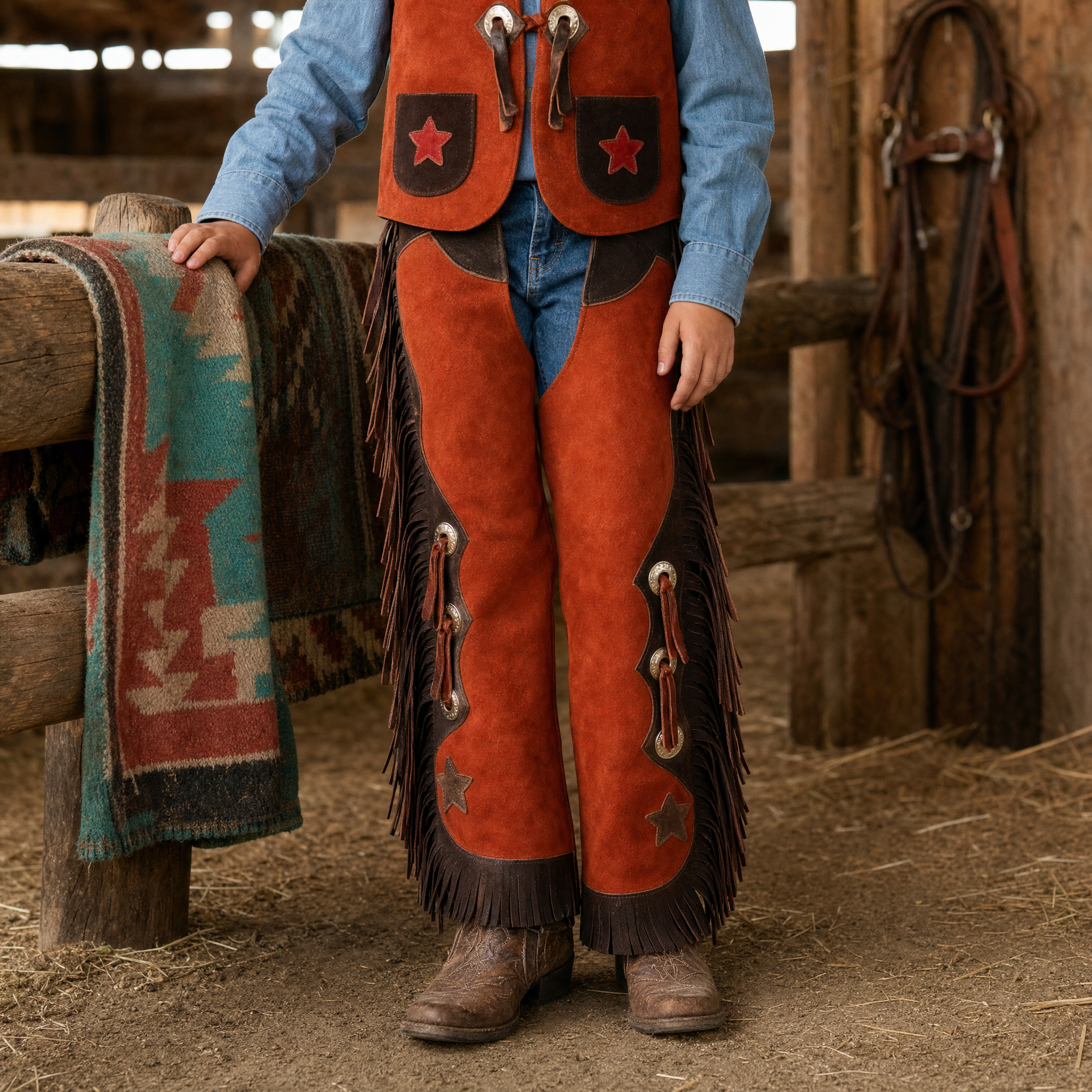 Showman Two-Tone Brown Kids Chap and Vest Set lifestyle image showing youth western rider wearing the product
