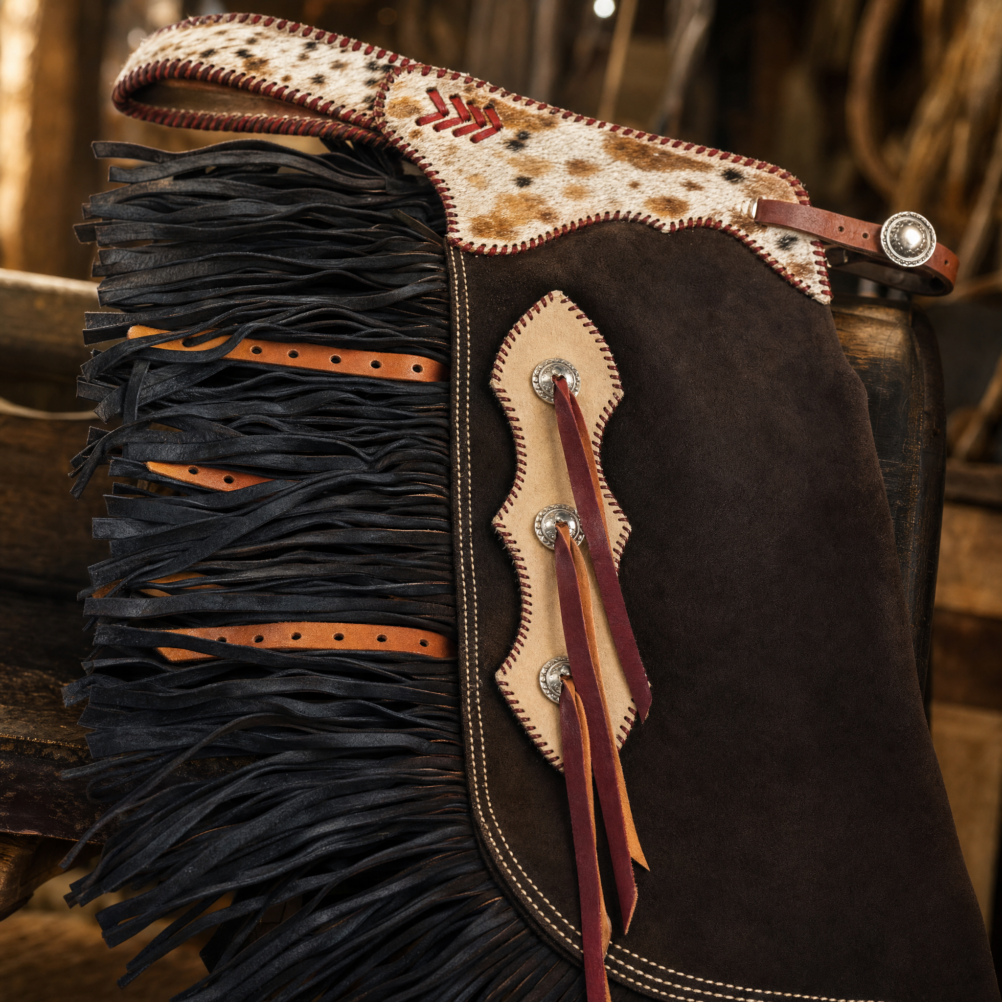 Showman Western Cowboy Chinks with Hair-on Cowhide Accent close-up detail showing leather fringe trim and hardware