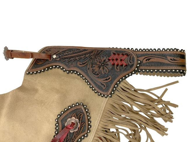 Showman Wildflower Brown Chinks detail view with western leather tooling fringe and hardware