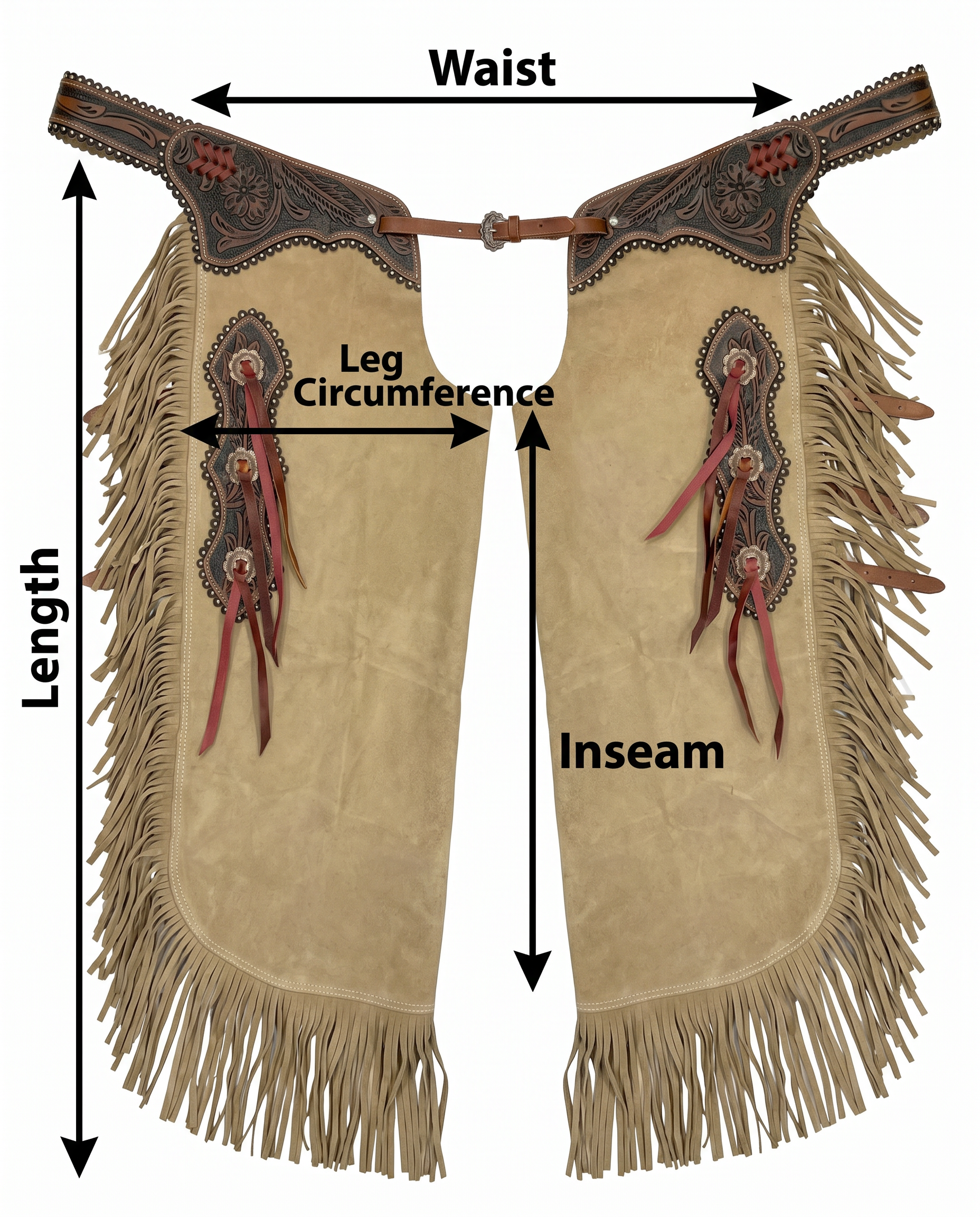 Showman Wildflower Brown Chinks size guide infographic for western leather chinks product page