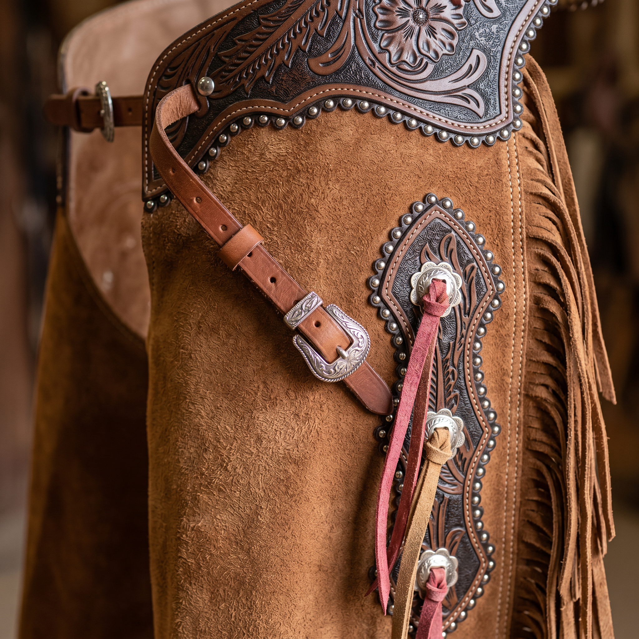 Showman Wildflower Brown Chinks close-up detail photo for western leather chinks product page
