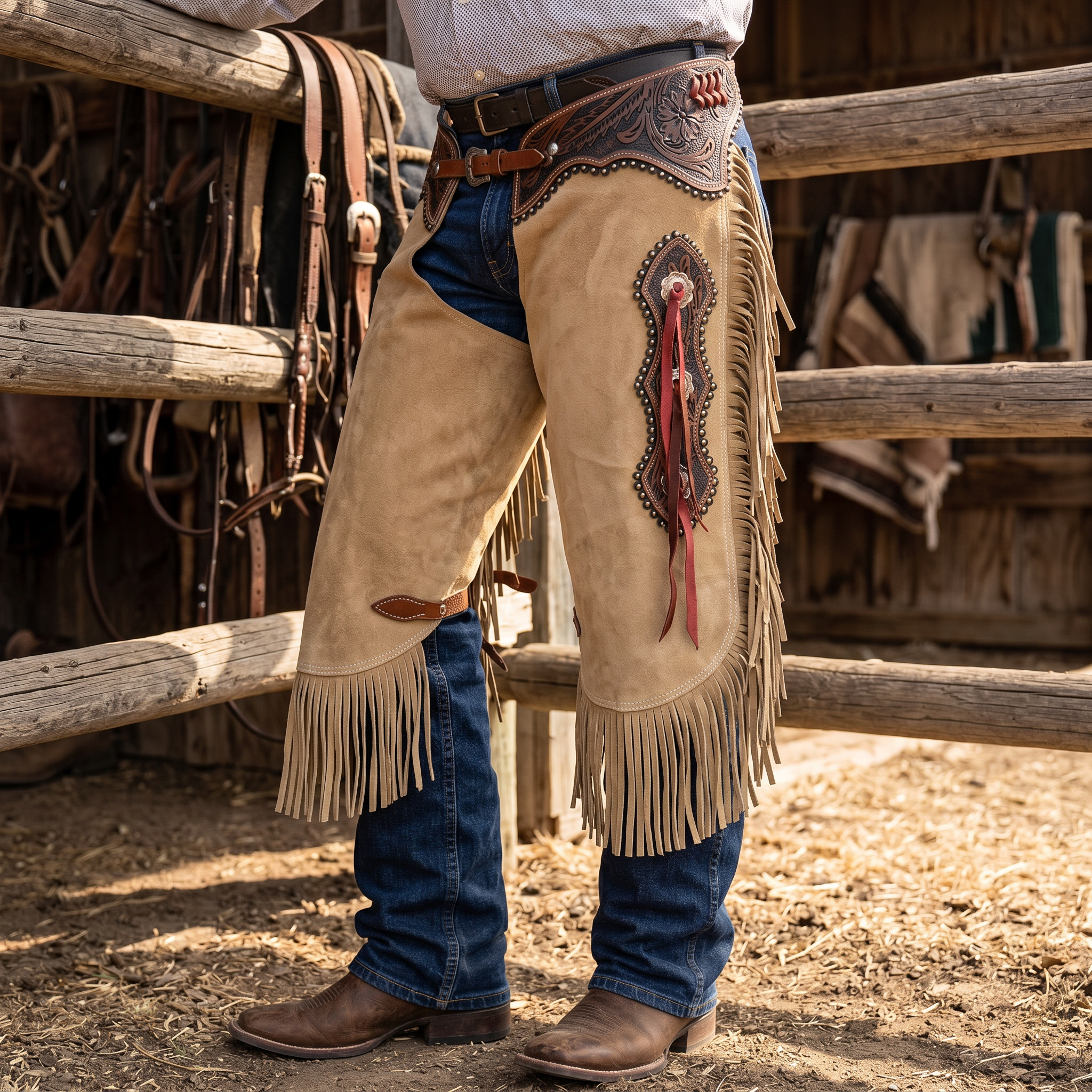 Showman Wildflower Brown Chinks lifestyle worn photo for western leather chinks product page
