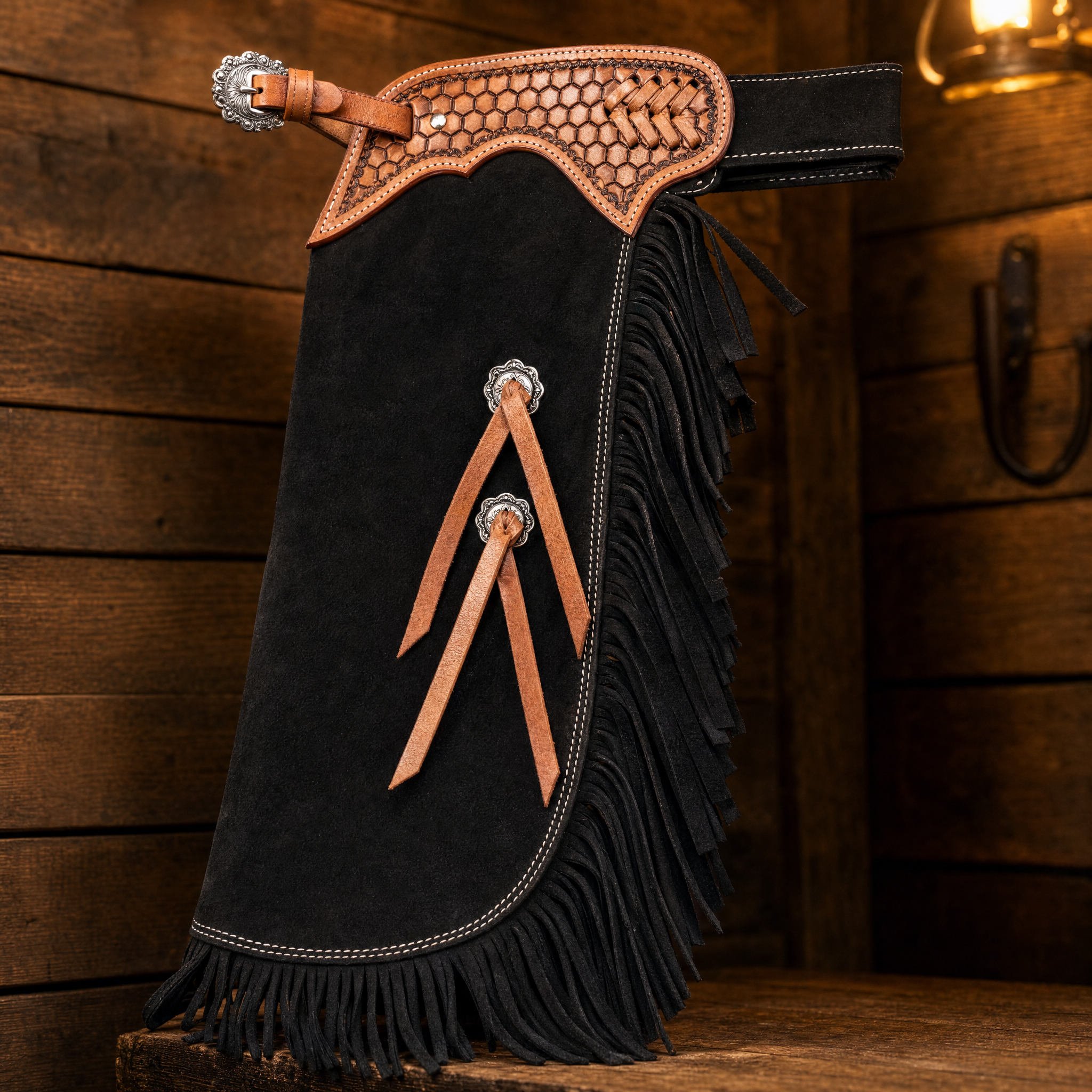 Showman Youth Gunpowder Chinks close-up detail showing leather fringe trim and hardware