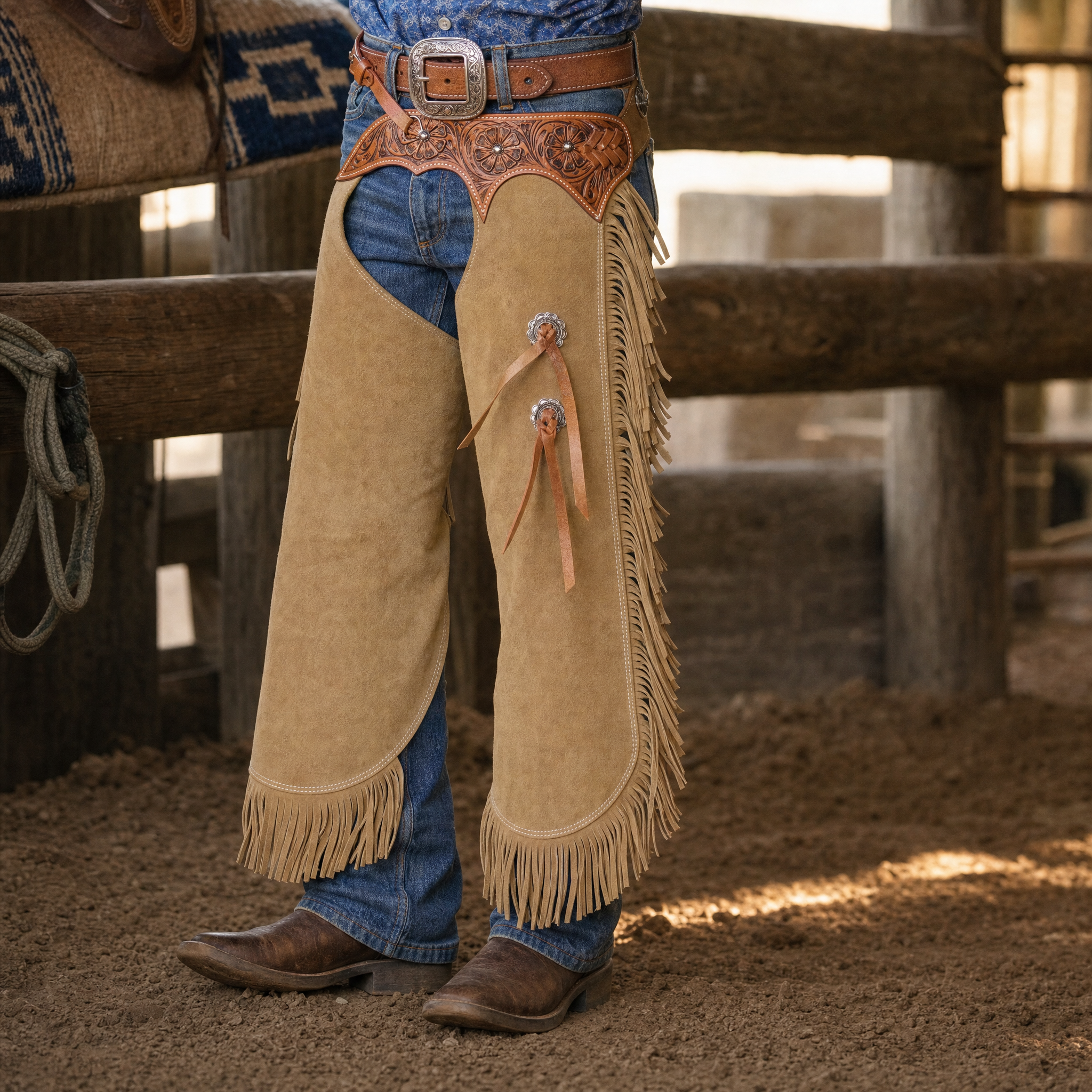 Showman Youth Old Timber Chinks lifestyle image showing youth western rider wearing the product