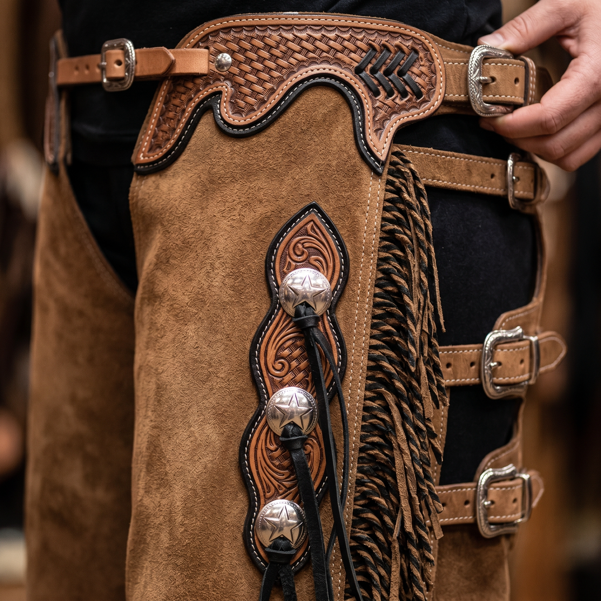 Showman Youth Outback Mocha Chinks close-up detail photo for western leather chinks product page