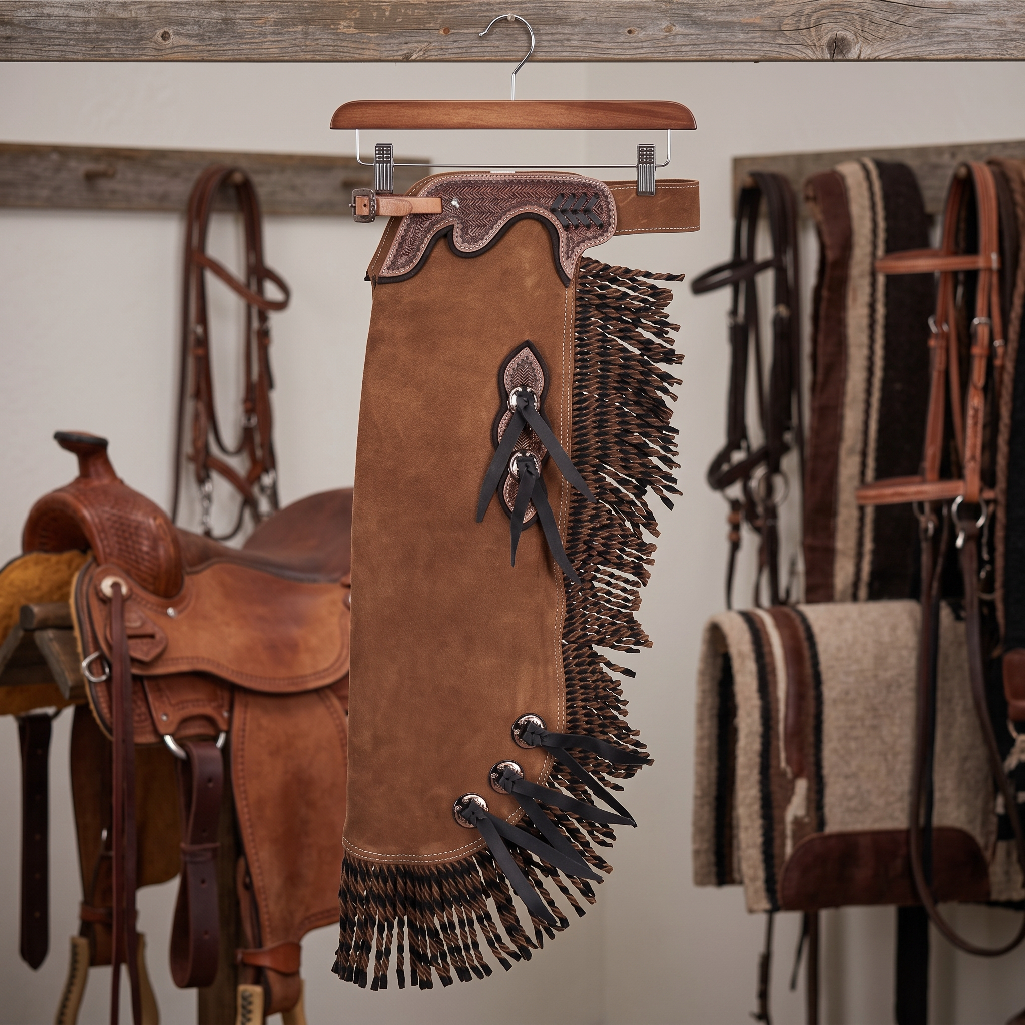 Showman Youth Outback Mocha Chinks tack-room product photo for western leather chinks product page