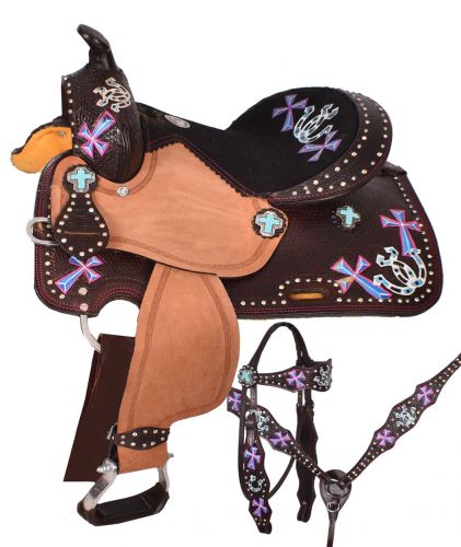 01012: 12" Double T youth barrel style saddle set Youth Saddle Double T 12" Dark Brown