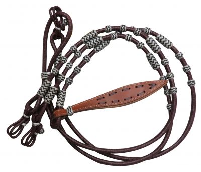 032: Showman ® Braided purple burgundy rawhide romal reins with leather popper Reins Showman
