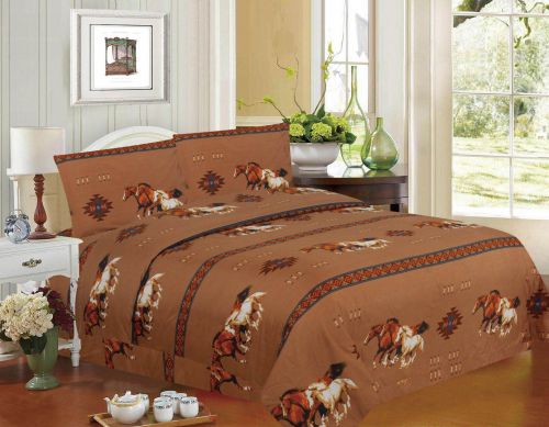 0375-1832: 4PC Queen Size Tan Running Horse Sheet Set Primary Showman Saddles and Tack