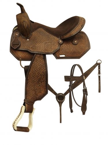 07716: 16" Pleasure style saddle with tooled rough out leather Pleasure Saddle Showman Saddles and Tack
