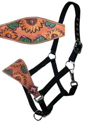 095: Showman ® Leather bronc halter with hand painted sunflower and cactus design Bronc Halter Showman