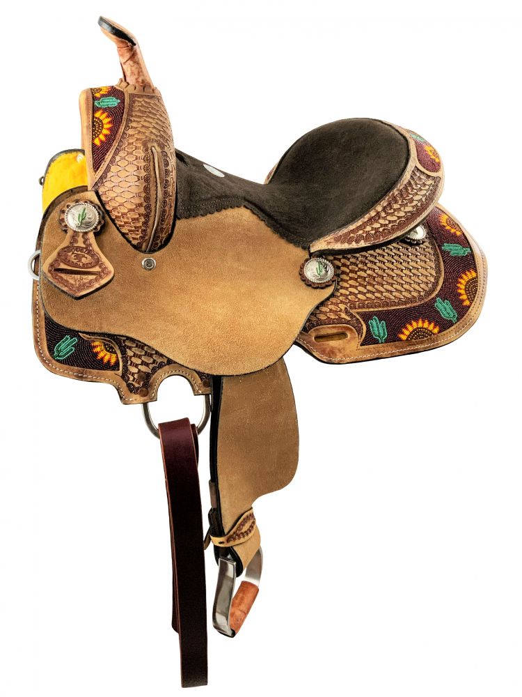 10" Double T Youth Hard Seat Barrel style saddle with cactus and sunflower beaded accents Barrel Saddle Double T
