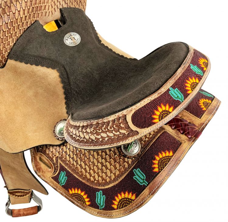 10" Double T Youth Hard Seat Barrel style saddle with cactus and sunflower beaded accents Barrel Saddle Double T