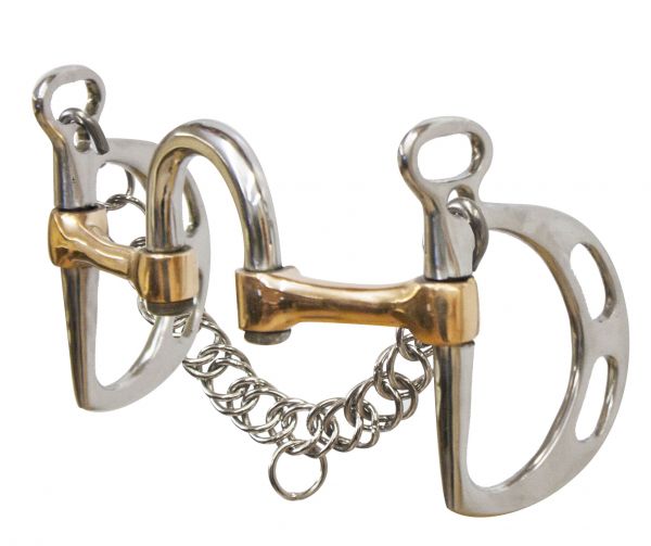 11144: Showman ® stainless steel slotted correction kimberwick with 5" copper swivel mouth with st Bits Showman