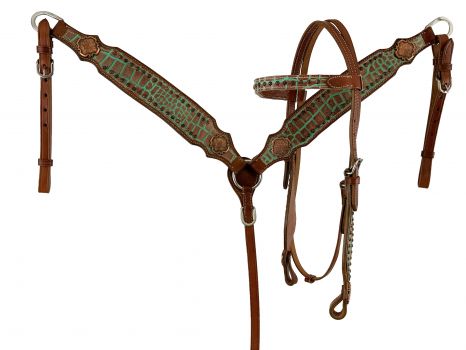 112: Showman ® Gator print Browband Headstall & Breast collar set with micro flower beading and co Headstall & Breast Collar Set Showman