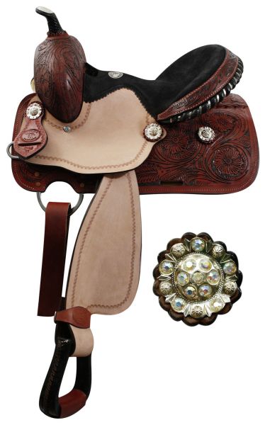 119913: 13" Youth Double T barrel saddle with fully tooled pommel, skirts and cantle Youth Saddle Double T