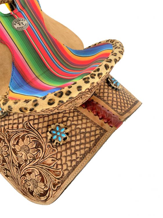 12" Double T Barrel style western saddle with Serape & Cheetah Accents Barrel Saddle Shiloh