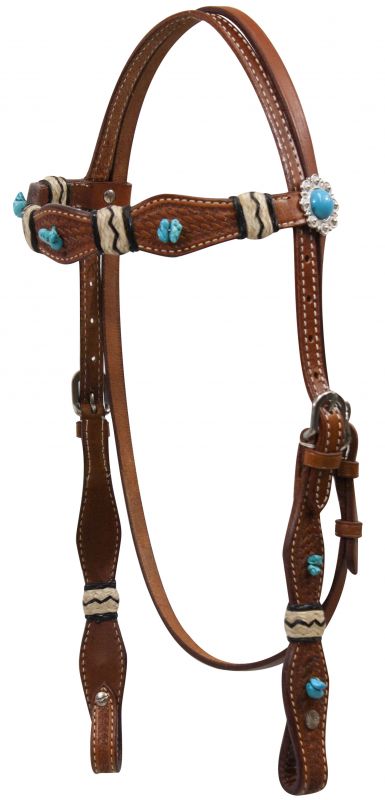 12826: Showman ® Turquoise Stone Beaded Headstall with Rawhide Accents Headstall Showman