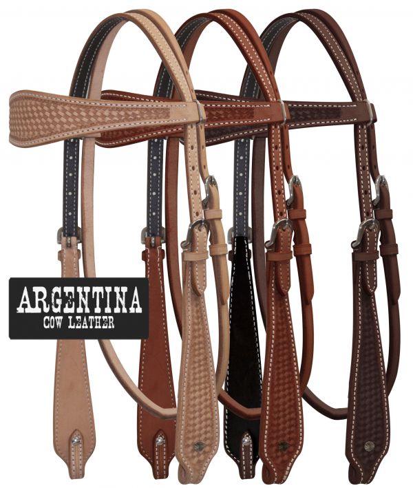 12861: Showman ® Argentina Cow Leather Headstall with Basketweave Tooling Headstall Showman