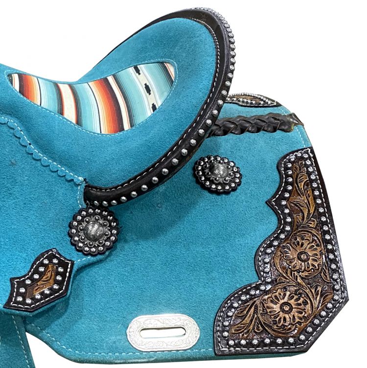 13" DOUBLE T Teal Rough Out Barrel style saddle with Southwest Printed Inlay Barrel Saddle Shiloh