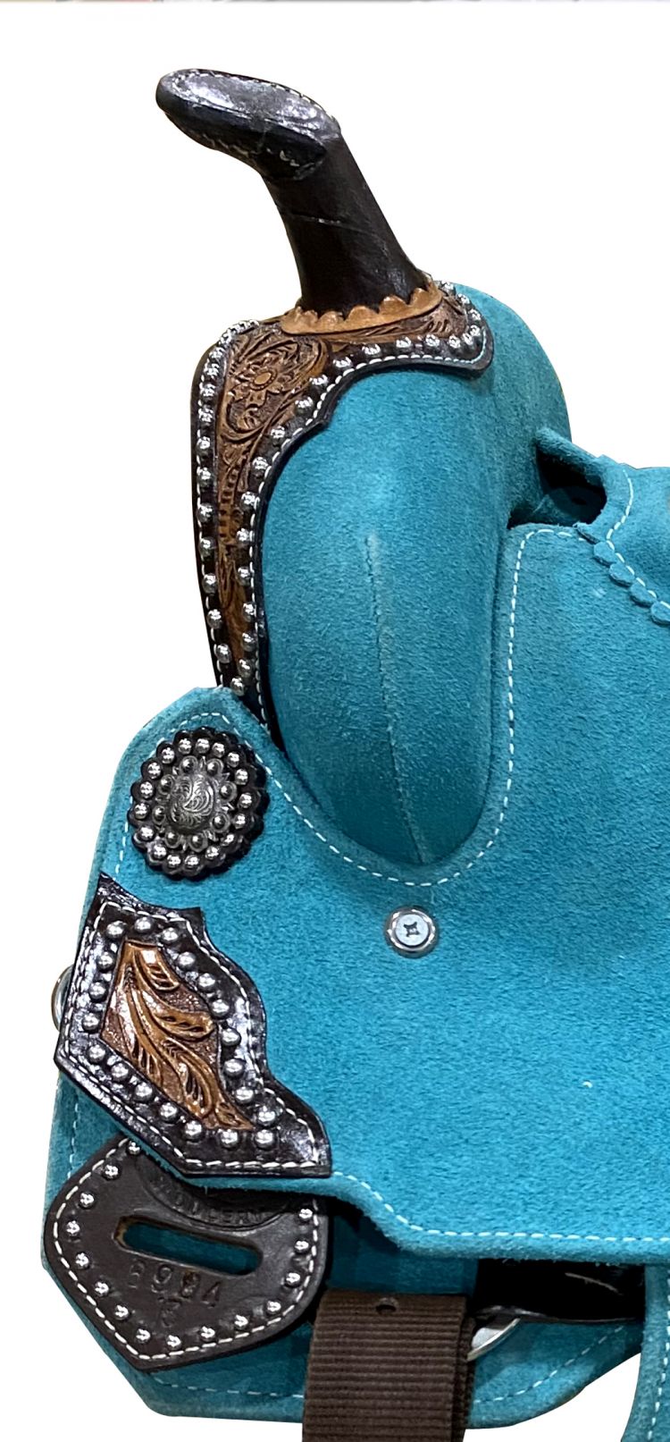 13" DOUBLE T Teal Rough Out Barrel style saddle with Southwest Printed Inlay Barrel Saddle Shiloh