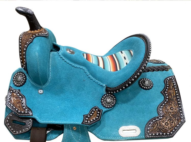13" DOUBLE T Teal Rough Out Barrel style saddle with Southwest Printed Inlay Barrel Saddle Shiloh