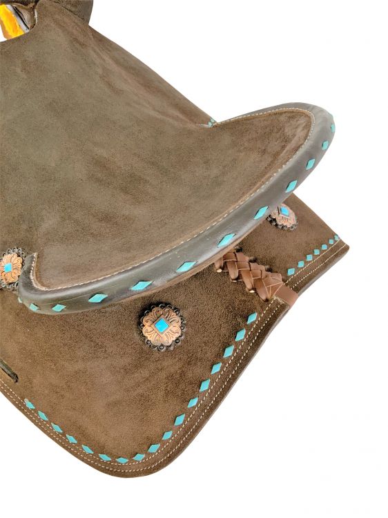 13" Double T Barrel style saddle with Oiled Rough out leather, Teal buckstitch accents and flower conchos Barrel Saddle Shiloh