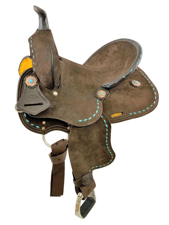 13" Double T Barrel style saddle with Oiled Rough out leather, Teal buckstitch accents and flower conchos Barrel Saddle Shiloh
