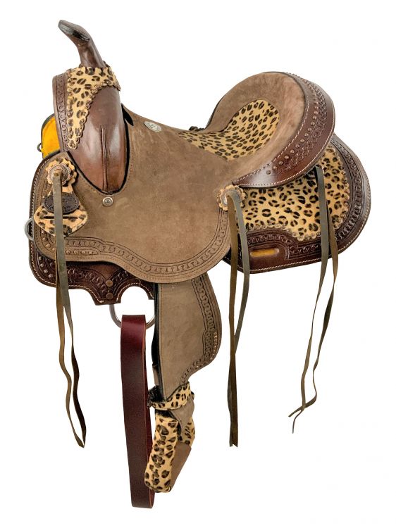 13" Double T Hard Seat Barrel style saddle with Cheetah Seat Barrel Saddle Shiloh