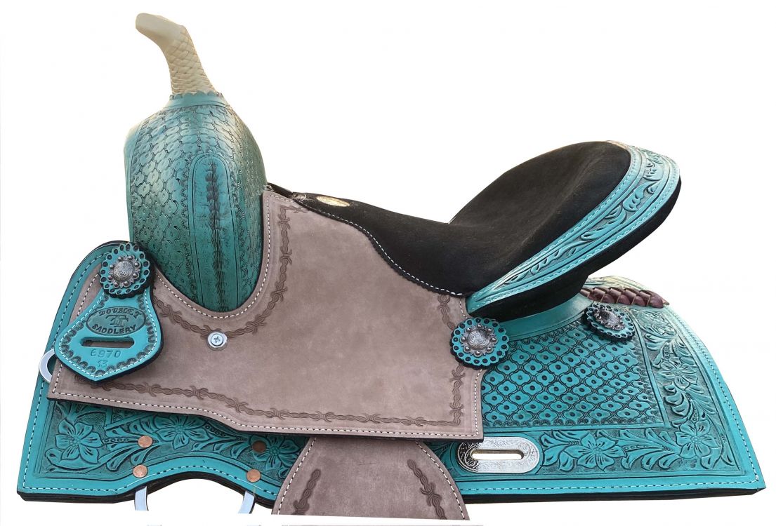 13" Double T Teal Pony/Youth saddle with rough out accents Youth Saddle Shiloh